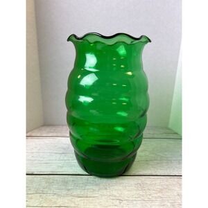 2 pcs 1970s Mid-Century Kelly Green Ruffle Edge Vases Vintage, Anchor Hocking